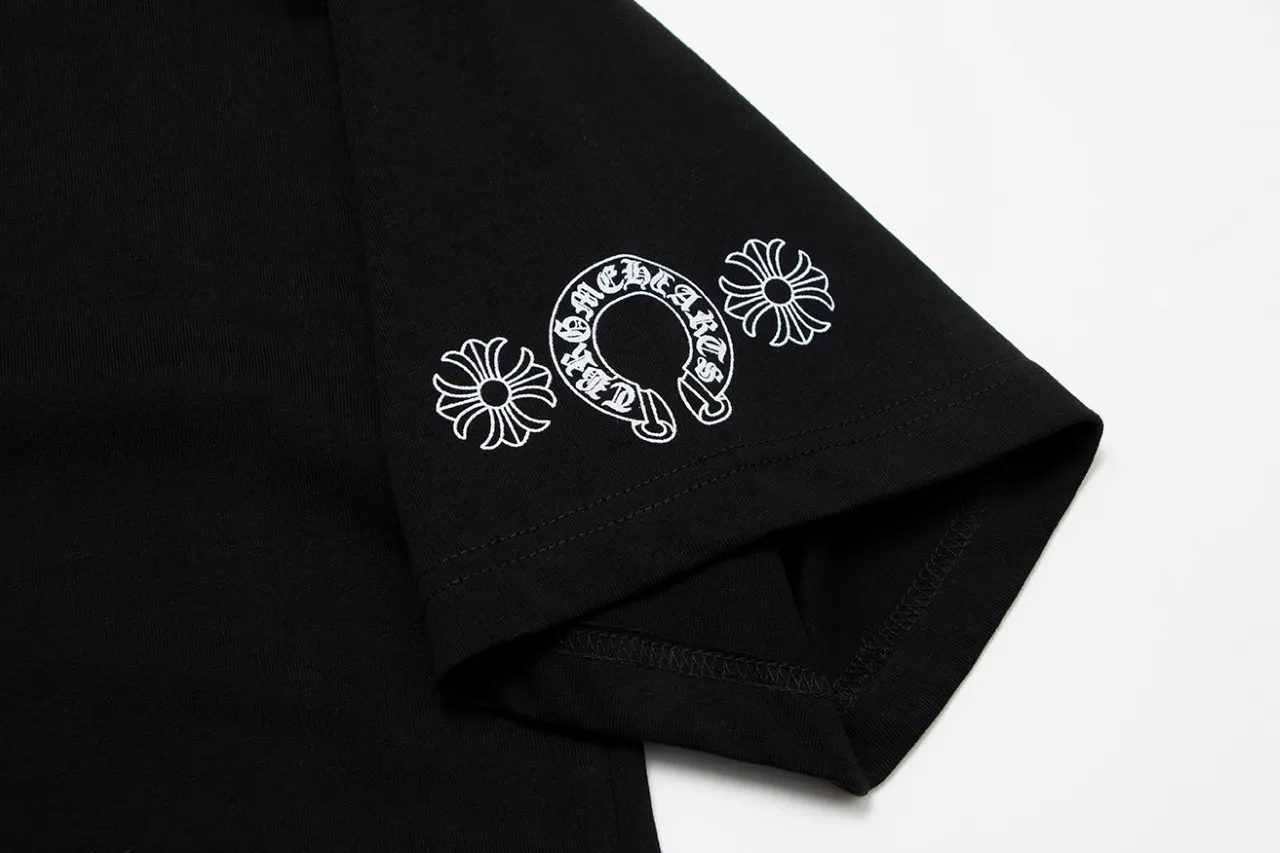 P150 Chrome Hearts Sanskrit Rainbow Horseshoe Print Cross Short Sleeves Size: SMLXL Color: Black White